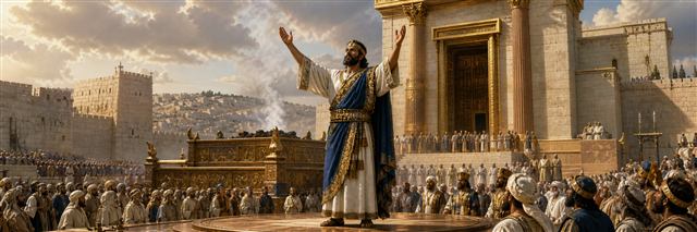 Solomon raising his hands in temple dedication prayer before the assembled people of Israel